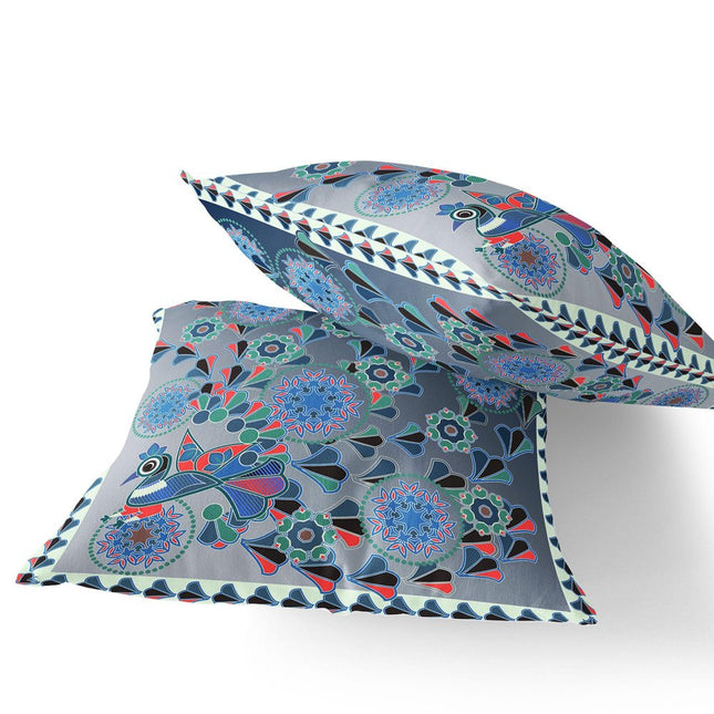 Set of Two Blue Light Green And White Peacock Floral Indoor Outdoor Throw Pillow