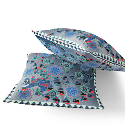 Set of Two Blue Light Green And White Peacock Floral Indoor Outdoor Throw Pillow HomeRoots