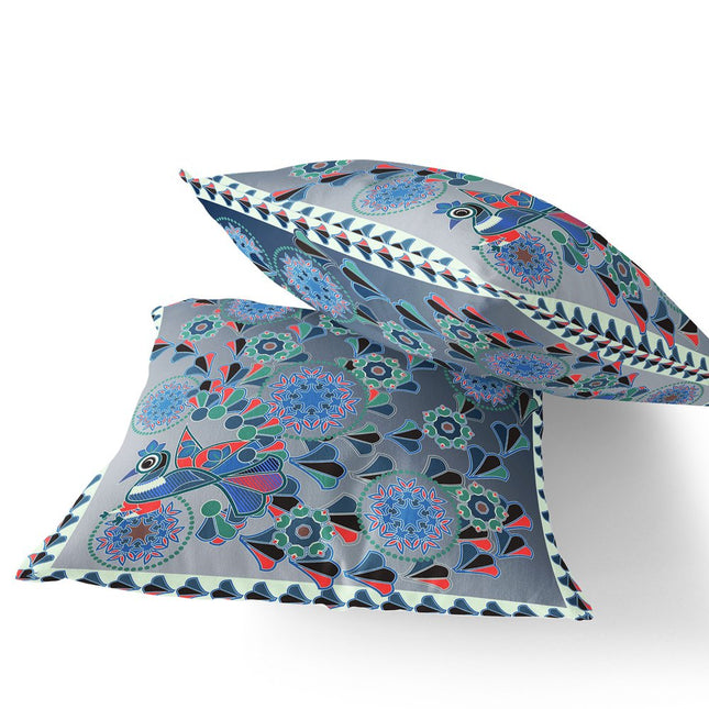 Set of Two Blue Light Green And White Peacock Floral Indoor Outdoor Throw Pillow HomeRoots