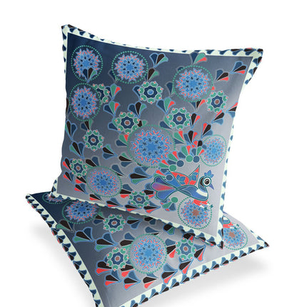 Set of Two Blue Light Green And White Peacock Floral Indoor Outdoor Throw Pillow HomeRoots