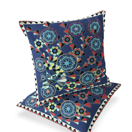 Set of Two Blue Red And Off White Peacock Floral Indoor Outdoor Throw Pillow HomeRoots