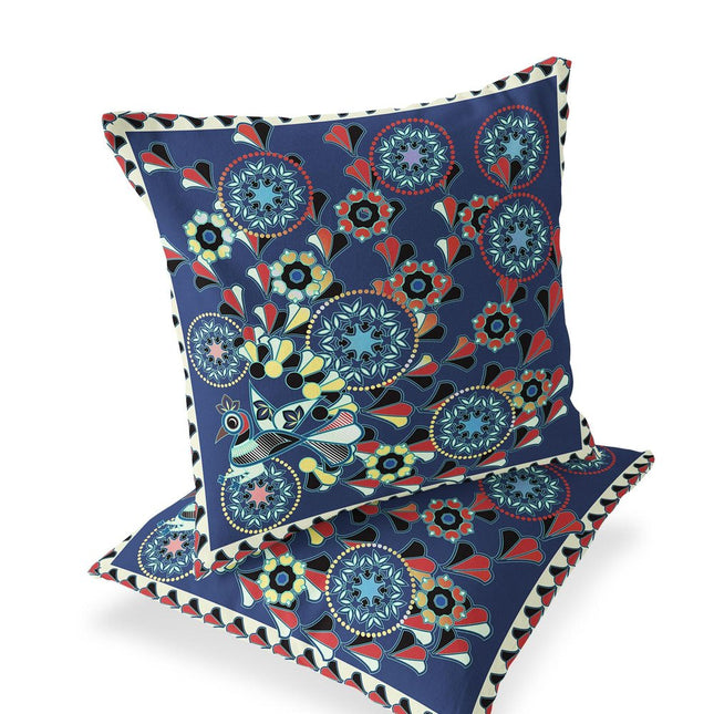 Set of Two Blue Red And Off White Peacock Floral Indoor Outdoor Throw Pillow