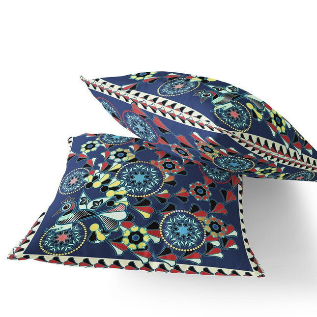 Set of Two Blue Red And Off White Peacock Floral Indoor Outdoor Throw Pillow