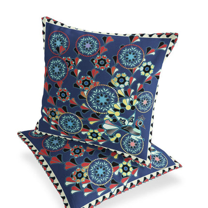 Set of Two Blue Red And Off White Peacock Floral Indoor Outdoor Throw Pillow HomeRoots