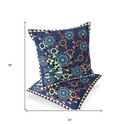 Set of Two Blue Red And Off White Peacock Floral Indoor Outdoor Throw Pillow HomeRoots