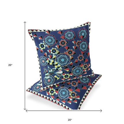 Set of Two Blue Red And Off White Peacock Floral Indoor Outdoor Throw Pillow