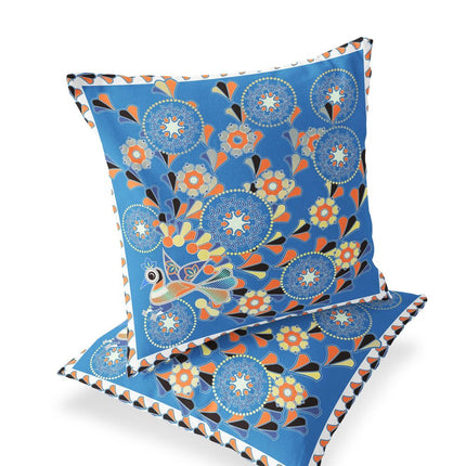 Set of Two Light Blue And Orange Peacock Floral Indoor Outdoor Throw Pillow