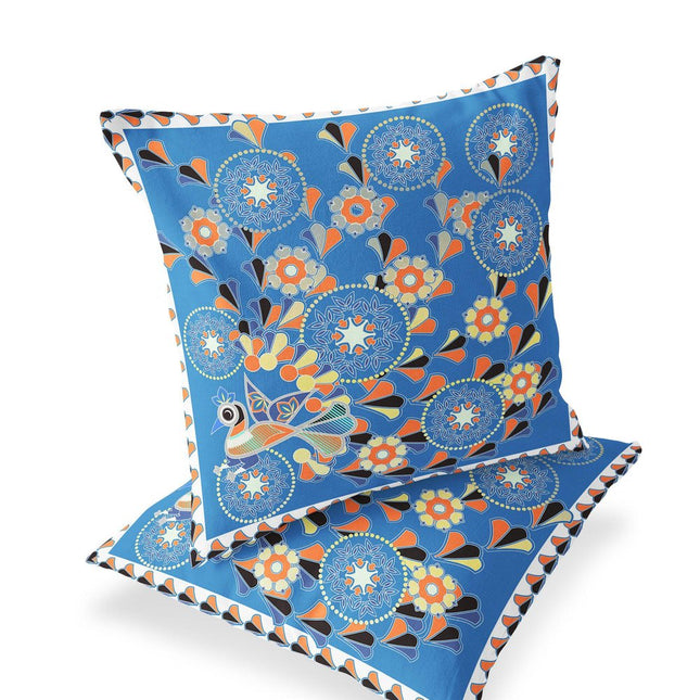 Set of Two Light Blue And Orange Peacock Floral Indoor Outdoor Throw Pillow