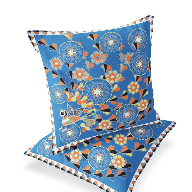 Set of Two Light Blue And Orange Peacock Floral Indoor Outdoor Throw Pillow HomeRoots