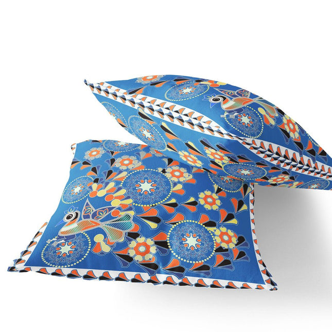 Set of Two Light Blue And Orange Peacock Floral Indoor Outdoor Throw Pillow