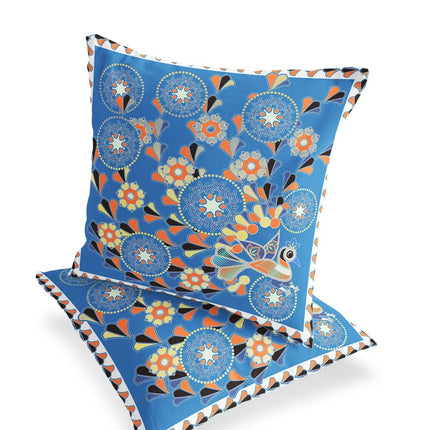 Set of Two Light Blue And Orange Peacock Floral Indoor Outdoor Throw Pillow