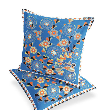 Set of Two Light Blue And Orange Peacock Floral Indoor Outdoor Throw Pillow HomeRoots