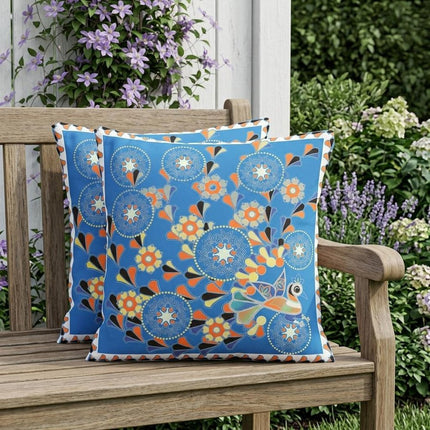 Set of Two Light Blue And Orange Peacock Floral Indoor Outdoor Throw Pillow HomeRoots