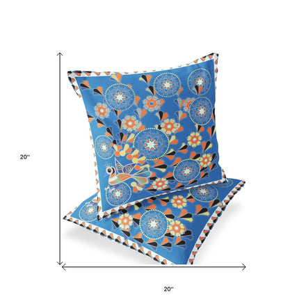 Set of Two Light Blue And Orange Peacock Floral Indoor Outdoor Throw Pillow HomeRoots