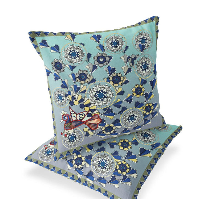 Set of Two Light Green Aqua And Brown Peacock Floral Indoor Outdoor Throw Pillow