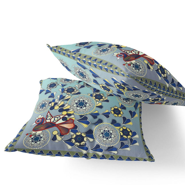 Set of Two Light Green Aqua And Brown Peacock Floral Indoor Outdoor Throw Pillow
