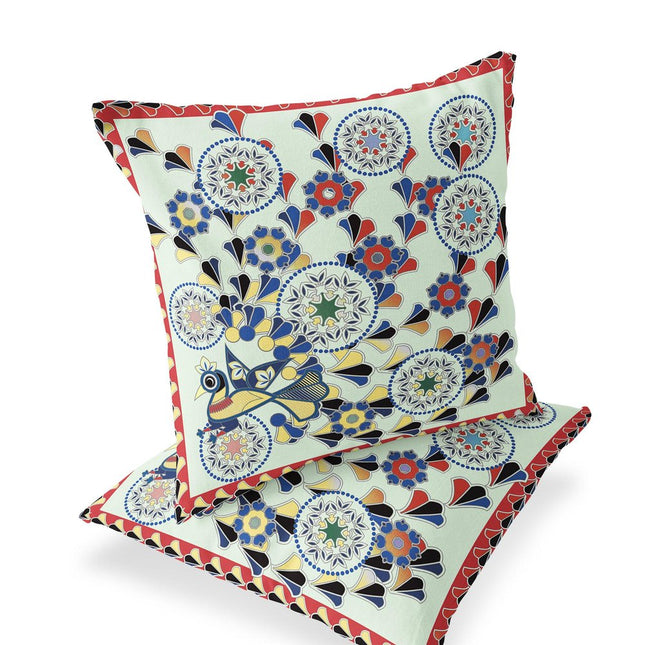Set of Two Light Green Blue And Red Peacock Floral Indoor Outdoor Throw Pillow