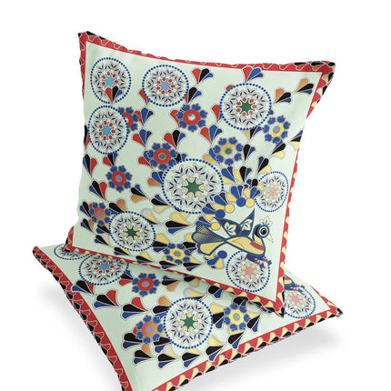 Set of Two Light Green Blue And Red Peacock Floral Indoor Outdoor Throw Pillow
