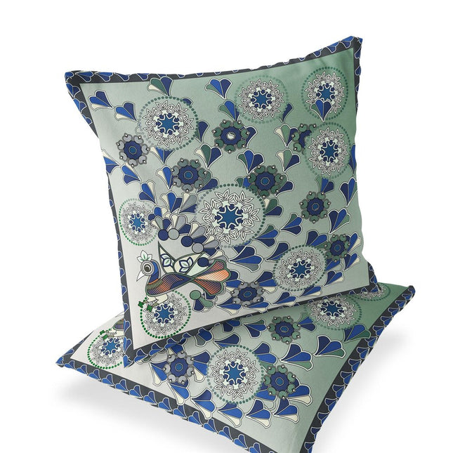 Set of Two Light Green And Brown Peacock Floral Indoor Outdoor Throw Pillow