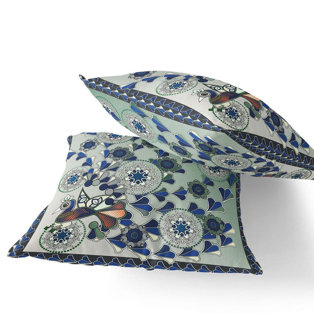 Set of Two Light Green And Brown Peacock Floral Indoor Outdoor Throw Pillow