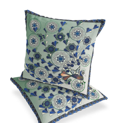 Set of Two Light Green And Brown Peacock Floral Indoor Outdoor Throw Pillow HomeRoots
