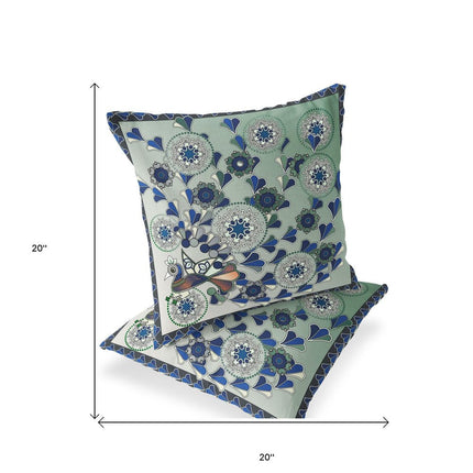 Set of Two Light Green And Brown Peacock Floral Indoor Outdoor Throw Pillow HomeRoots