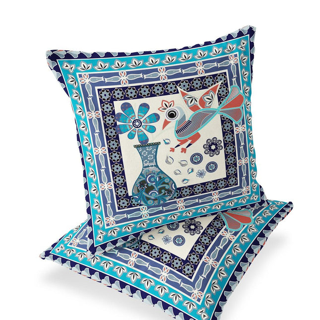 Set of Two Blue Navy Blue And Off White Peacock Indoor Outdoor Throw Pillow