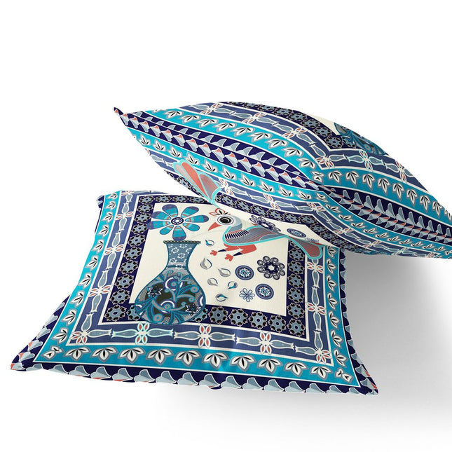Set of Two Blue Navy Blue And Off White Peacock Indoor Outdoor Throw Pillow HomeRoots