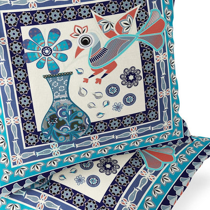 Set of Two Blue Navy Blue And Off White Peacock Indoor Outdoor Throw Pillow