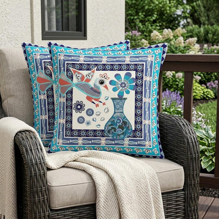 Set of Two Blue Navy Blue And Off White Peacock Indoor Outdoor Throw Pillow
