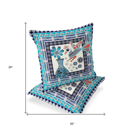 Set of Two Blue Navy Blue And Off White Peacock Indoor Outdoor Throw Pillow HomeRoots