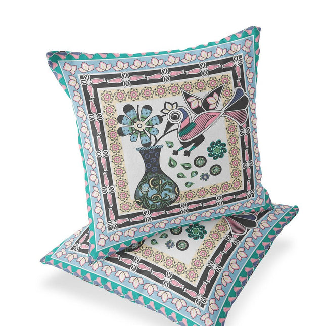 Set of Two Gray Black And Pink Peacock Indoor Outdoor Throw Pillow