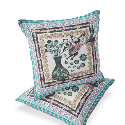Set of Two Gray Black And Pink Peacock Indoor Outdoor Throw Pillow HomeRoots