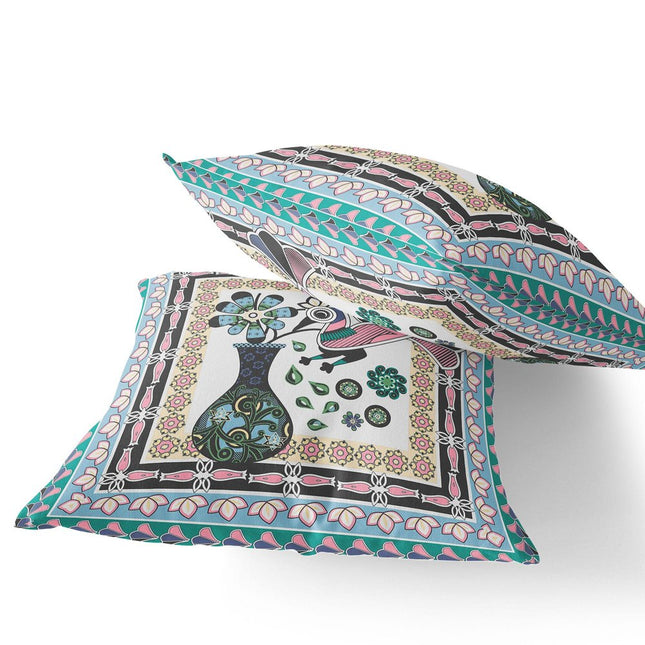 Set of Two Gray Black And Pink Peacock Indoor Outdoor Throw Pillow