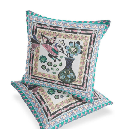 Set of Two Gray Black And Pink Peacock Indoor Outdoor Throw Pillow