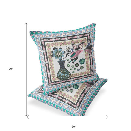Set of Two Gray Black And Pink Peacock Indoor Outdoor Throw Pillow