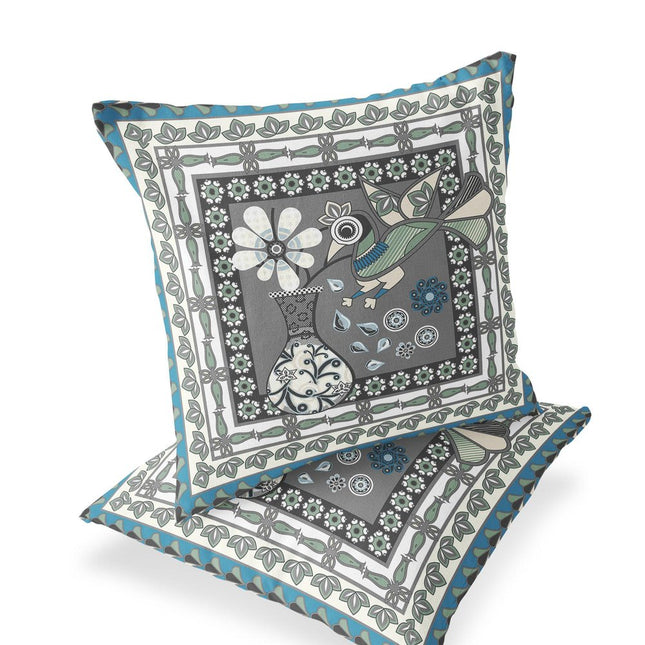 Set of Two Gray Black And White Peacock Indoor Outdoor Throw Pillow