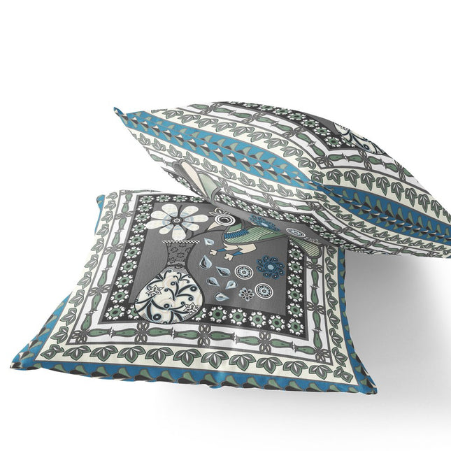 Set of Two Gray Black And White Peacock Indoor Outdoor Throw Pillow