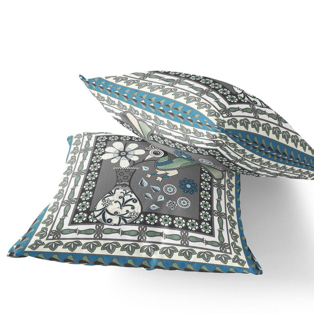 Set of Two Gray Black And White Peacock Indoor Outdoor Throw Pillow HomeRoots