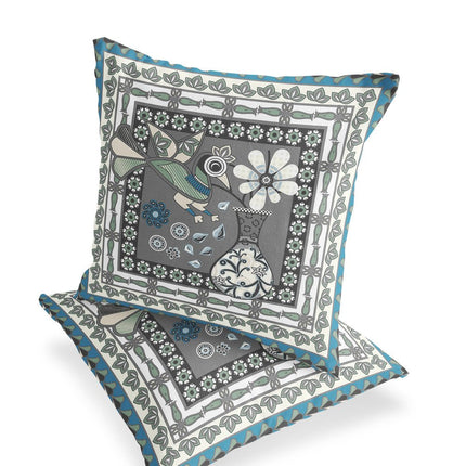 Set of Two Gray Black And White Peacock Indoor Outdoor Throw Pillow HomeRoots