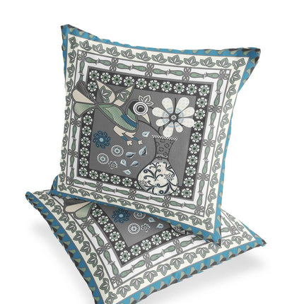 Set of Two Gray Black And White Peacock Indoor Outdoor Throw Pillow