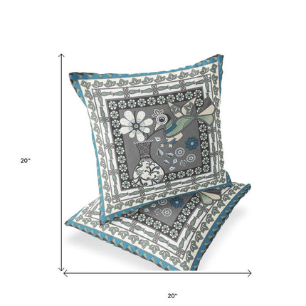Set of Two Gray Black And White Peacock Indoor Outdoor Throw Pillow HomeRoots