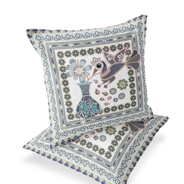 Set of Two Gray And Green Peacock Indoor Outdoor Throw Pillow