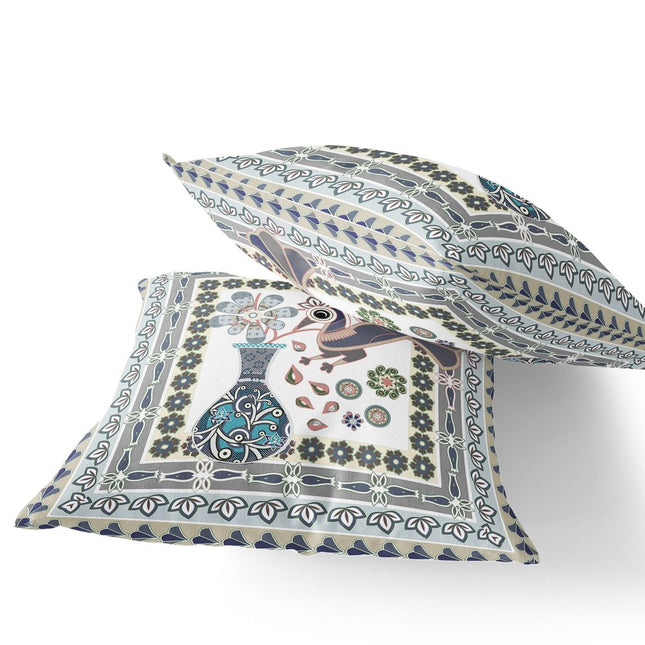 Set of Two Gray And Green Peacock Indoor Outdoor Throw Pillow
