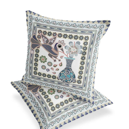 Set of Two Gray And Green Peacock Indoor Outdoor Throw Pillow HomeRoots
