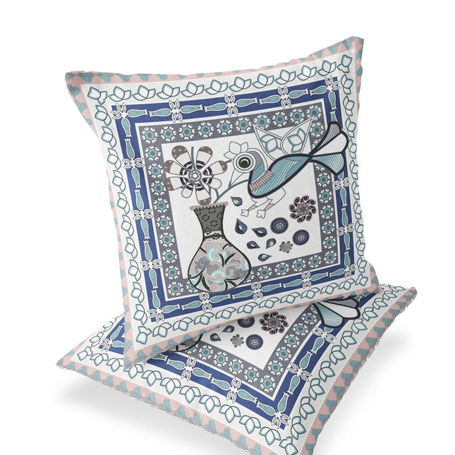 Set of Two Pink Beige Gray And White Peacock Indoor Outdoor Throw Pillow