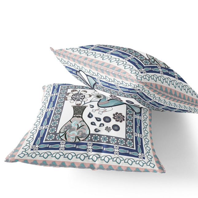Set of Two Pink Beige Gray And White Peacock Indoor Outdoor Throw Pillow
