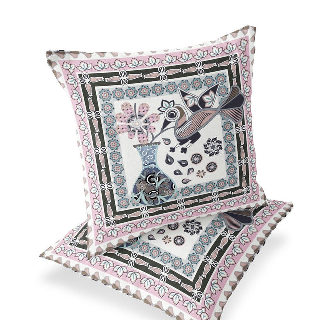Set of Two Pink Black And Gray Peacock Indoor Outdoor Throw Pillow