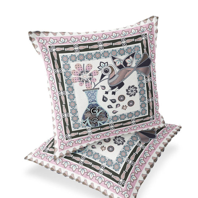 Set of Two Pink Black And Gray Peacock Indoor Outdoor Throw Pillow HomeRoots