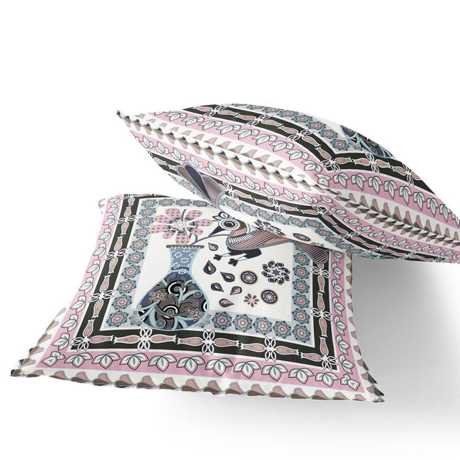 Set of Two Pink Black And Gray Peacock Indoor Outdoor Throw Pillow HomeRoots